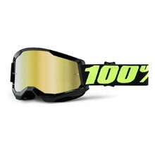 Motokrosové okuliare 100% Strata 2 Mirror - Upsol čierno-fluo žltá, zrkadlové zlaté plexi