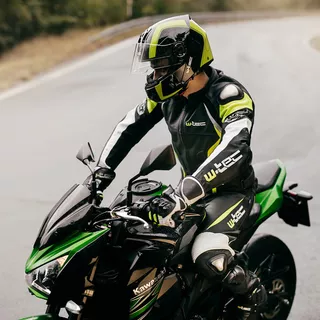 Pánske kožené moto nohavice W-TEC Vector - čierna-fluo