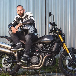 Pánska kožená bunda W-TEC Esbiker - čierna s béžovými pruhmi