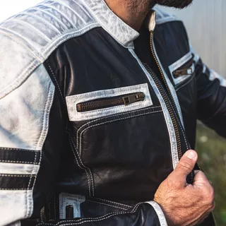 Pánska kožená bunda W-TEC Esbiker - čierna s béžovými pruhmi