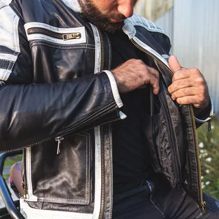 Pánska kožená bunda W-TEC Esbiker - čierna s béžovými pruhmi