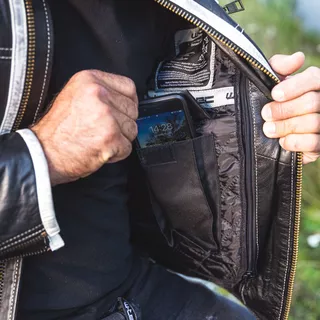 Pánska kožená bunda W-TEC Esbiker - čierna s béžovými pruhmi