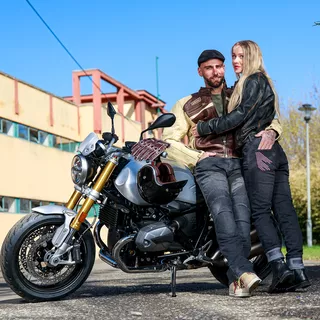 Pánska kožená moto bunda W-TEC Retro - čierno-hnedo-béžová