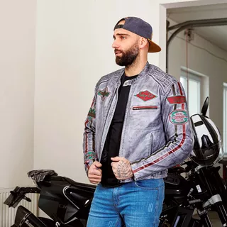 Pánska kožená moto bunda W-TEC Sheawen Waxed Grey - šedá