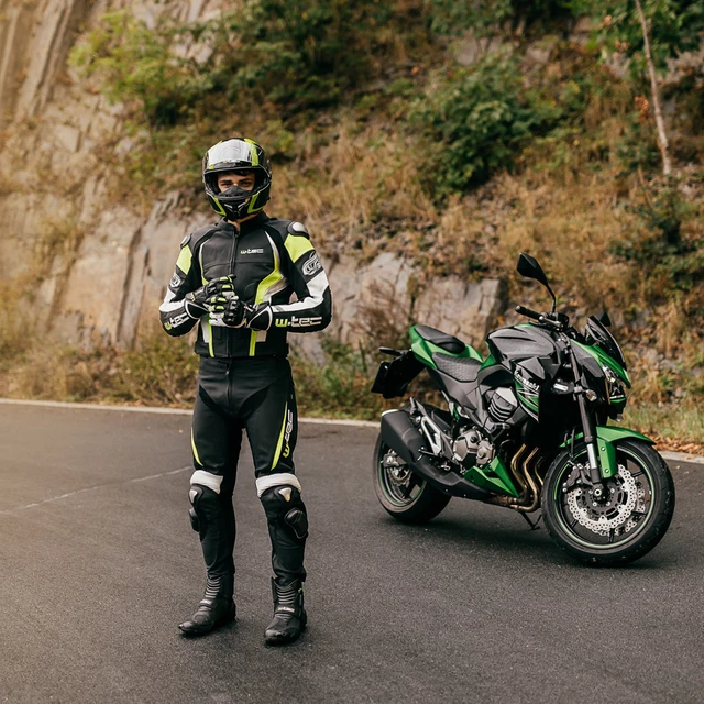 Pánske kožené moto nohavice W-TEC Vector - čierna-fluo