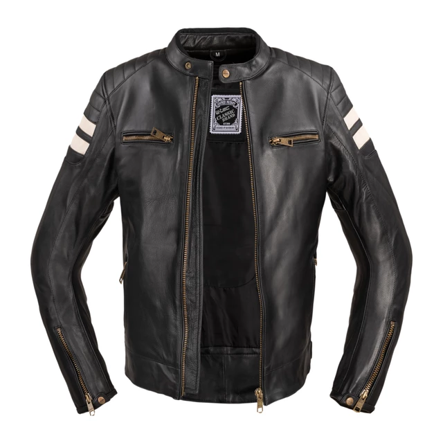 Pánska kožená moto bunda W-TEC Stripe - 2.akosť - čierna s béžovými pruhmi