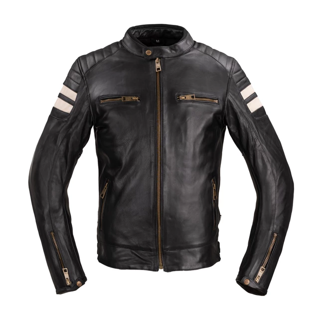 Pánska kožená moto bunda W-TEC Stripe - 2.akosť - čierna s béžovými pruhmi - čierna s béžovými pruhmi