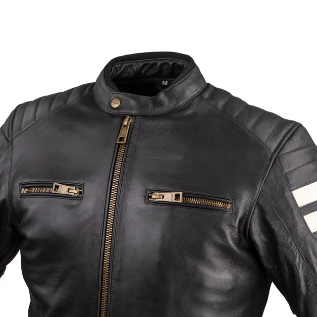 Pánska kožená moto bunda W-TEC Stripe - 2.akosť - čierna s béžovými pruhmi