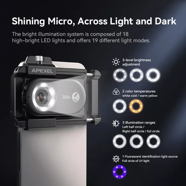 Mikroskop objektív pre smartphone 200x Apexel s LED a UV svetlom