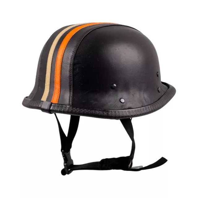 Retro otvorená moto prilba Sodager Stripes - čierna s oranžovým a béžovým pruhom