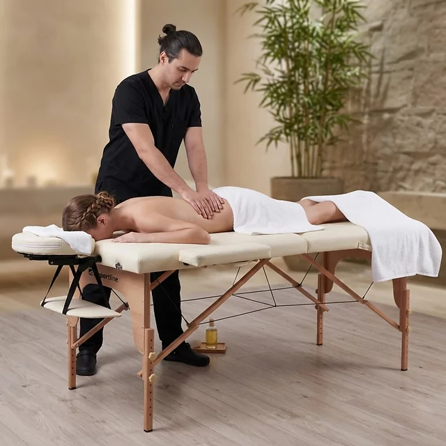 Masážne lehátko inSPORTline Orashi 186x60x62,5-85,5 cm 2-dielne drevené - krémová