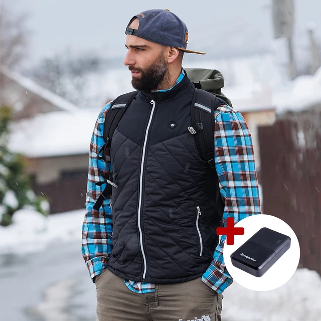 Pánska vyhrievaná vesta inSPORTline WARMhim s 10 000 mAh powerbankou - čierna
