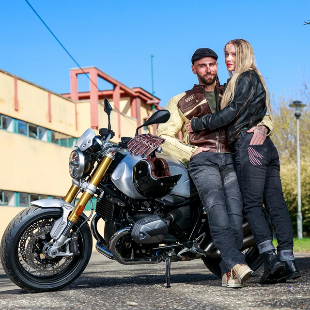Pánska kožená moto bunda W-TEC Retro - čierno-hnedo-béžová