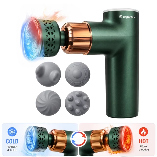 Masážna pištoľ s hrejivým/chladivým nadstavcom inSPORTline ChillFrost • 1800 mAh • 1600-2800 rpm • až 6 mm - čierna - zelená